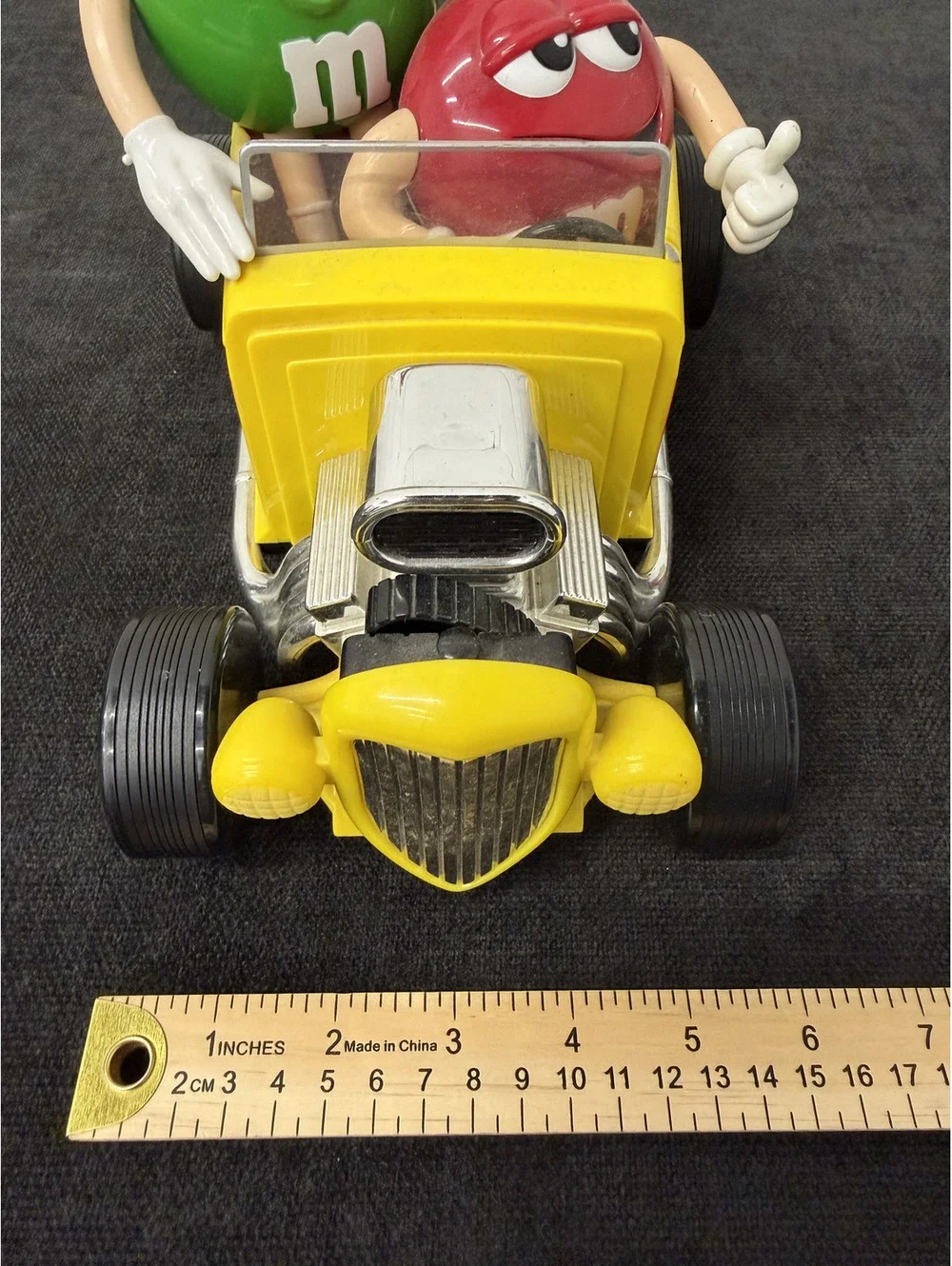 M&M's Yellow Hot Rod Car with Red and Green Characters Figurine